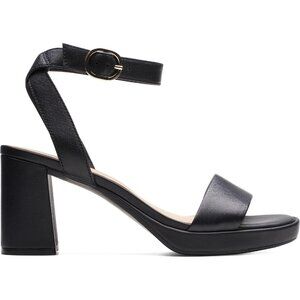 Clarks Womens Black Leather Open Rounded Toe Ankle Buckle Heeled Sandal